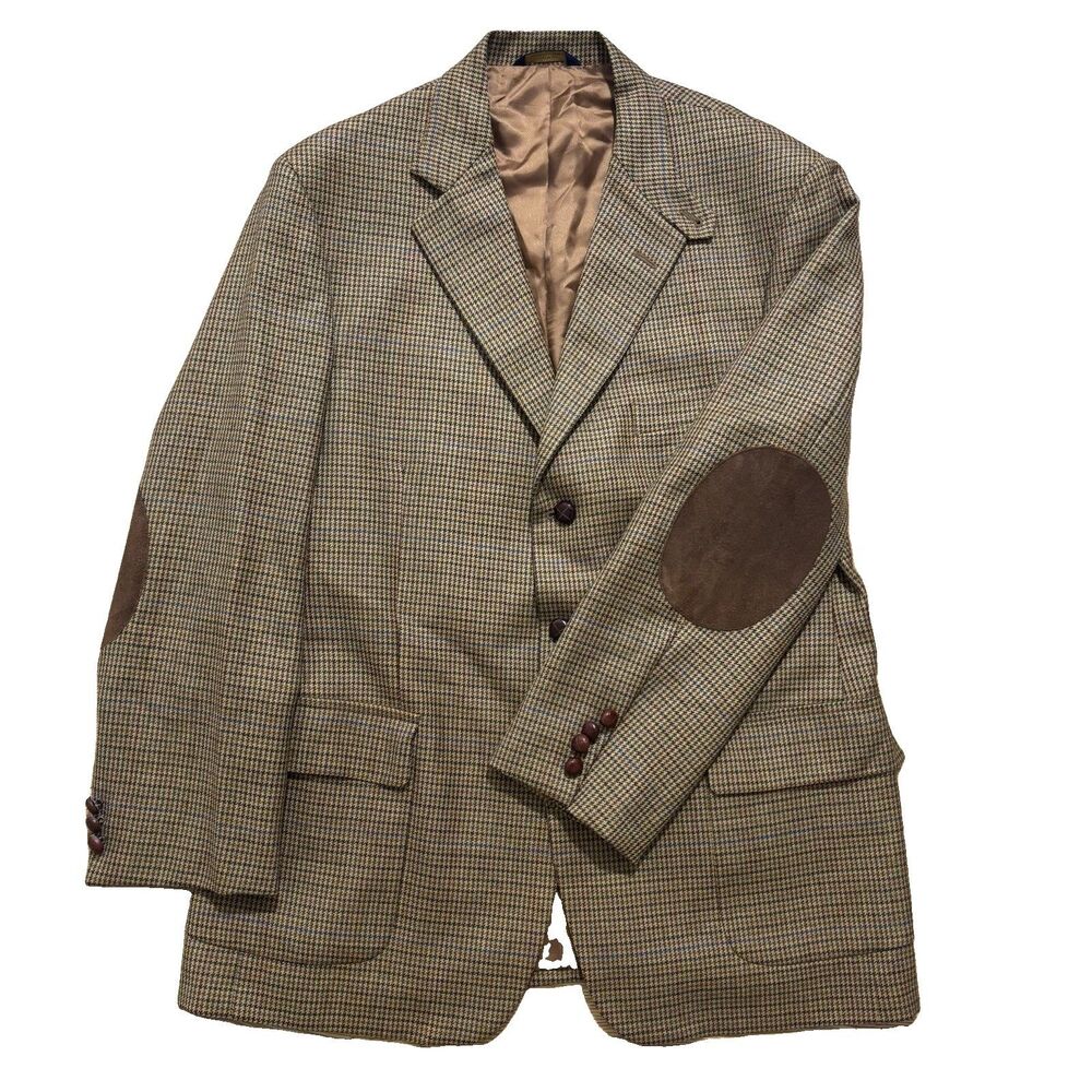 Brooks Brothers Tweed Blazer Men’s 46 Herringbone Wool Elbow Patches USA Vintage